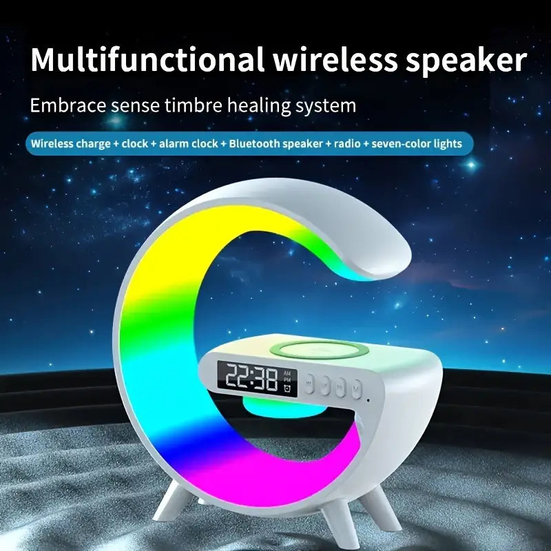 Enjoy versatile entertainment with a multifunctional Bluetooth speaker-lamp featuring wireless charging capabilities.