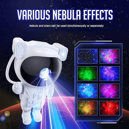 Astronaut-inspired nebula galaxy projector lamp casting cosmic patterns.